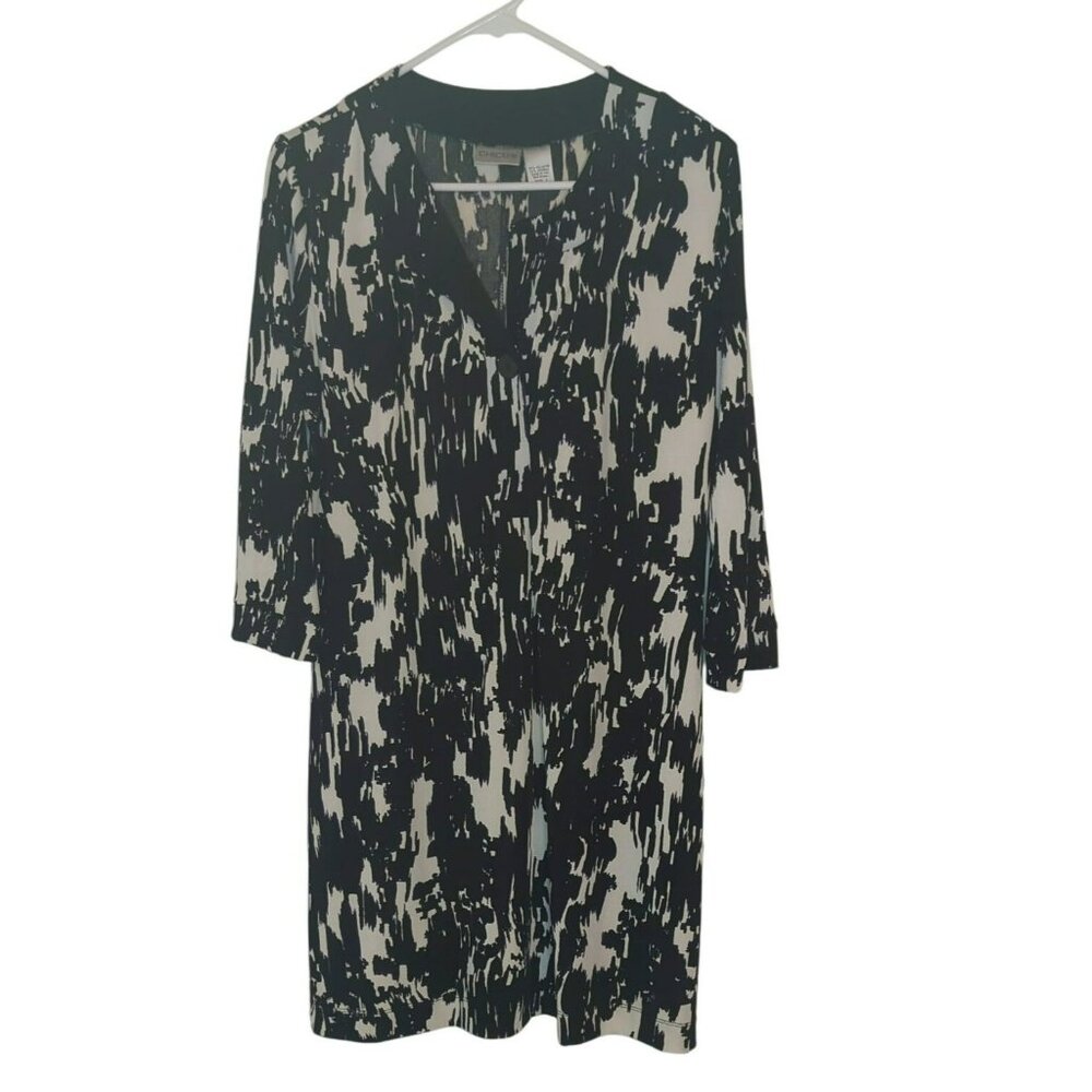Chicos Womens Size 1 Medium Garden Terry Tunic Dress 3/4 Sleeves Black White